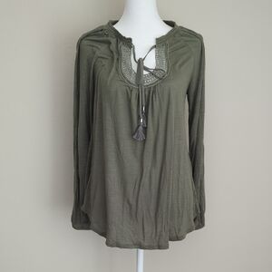 White House Black Market Khaki Cold Shoulder Blouse with Tie Front, S